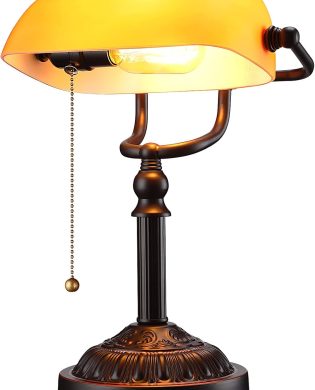 TORCHSTAR Bankers Desk Lamp with Pull Chain Switch, Amber Glass Shade Desk Lamps, Bronze Base, UL Listed, E26 Base, Vintage Library Lamp for Office, Study Room(Matted Orange)