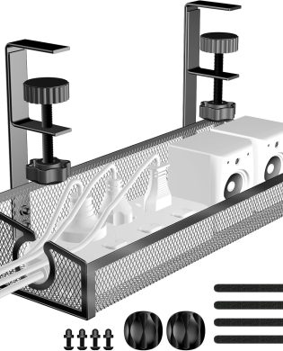 Under Desk Cable Management Tray Black, No Drill Organizer With Clamp for Wire Management, PC Cord Accessories & Workspace Organizers for Office, Home